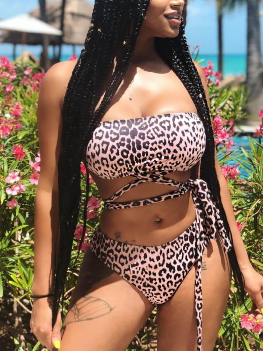 

Lovely Sexy Leopard Print Bandage Hollow-out Design Two-piece Swimsuit