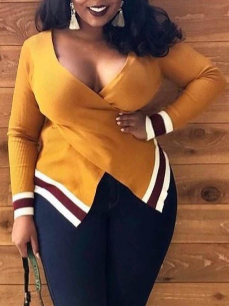 

LW Casual Striped Cross-over Design Yellow Sweater
