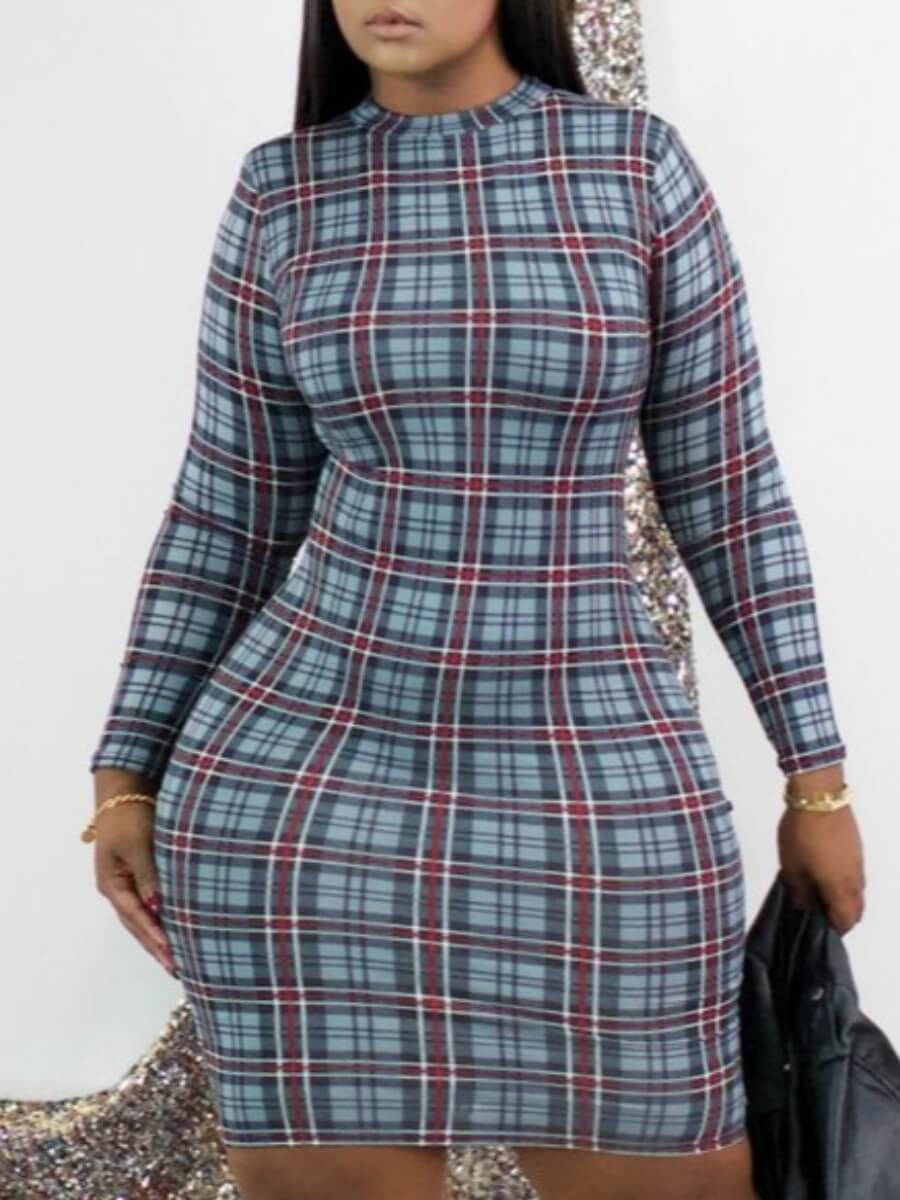 

Lovely Sweet O Neck Plaid Print Blue Knee Length Dress(No-positioning Printing)