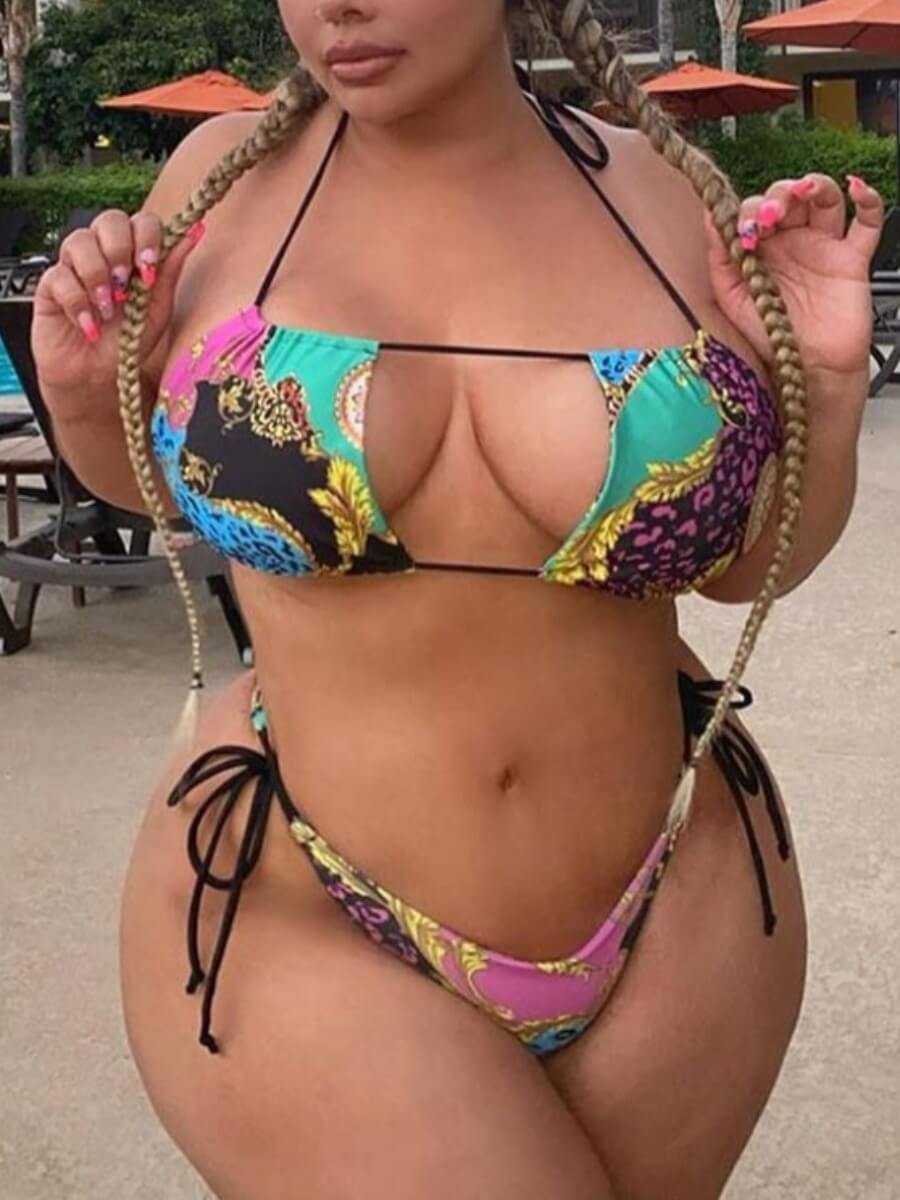 

Lovely Plus Size Sexy Print Lace-up Multicolor Two-piece Swimsuit, Multi
