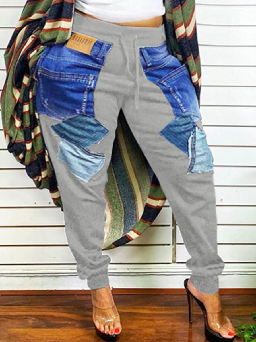 

Lovely Casual Drawstring Color-lump Patchwork Grey Plus Size Jeans