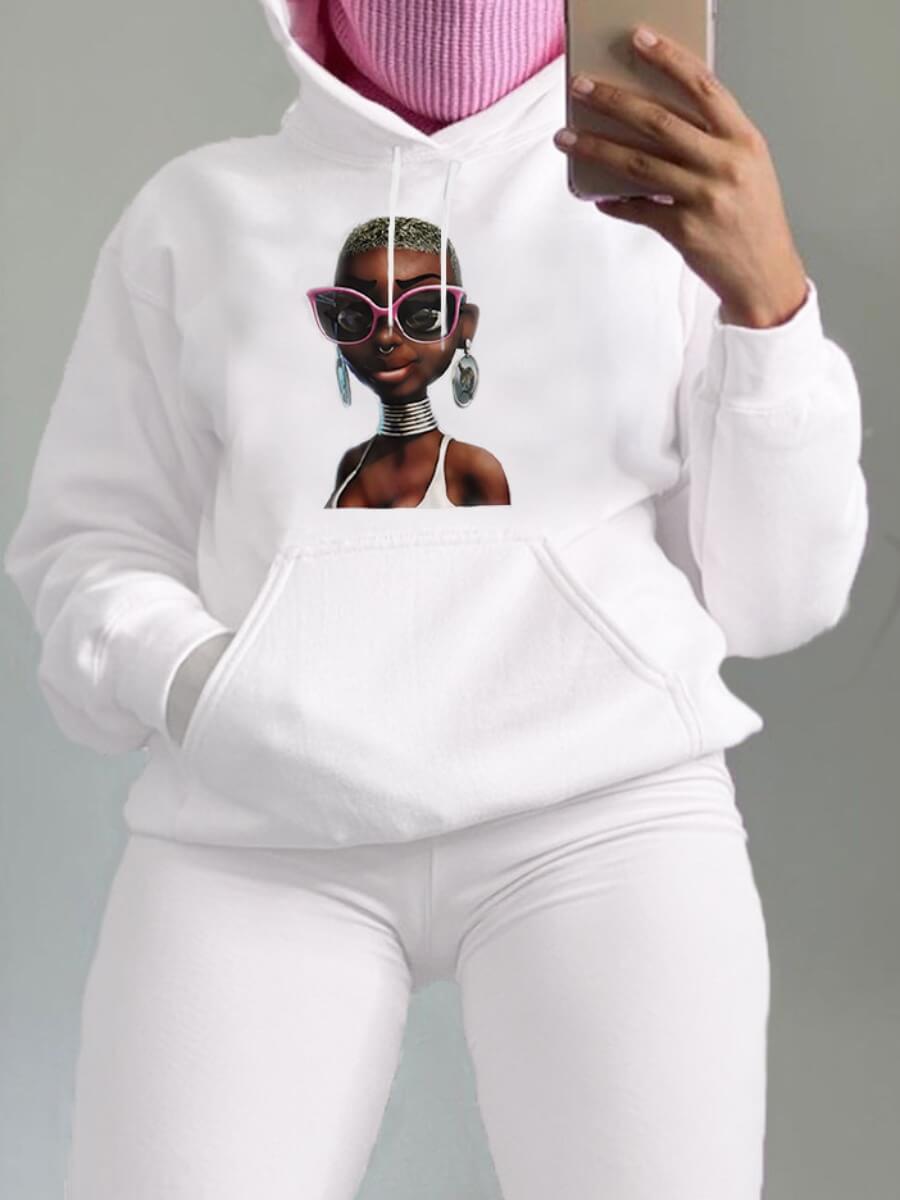 

Lovely Casual Hooded Collar Portrait Print White Hoodie