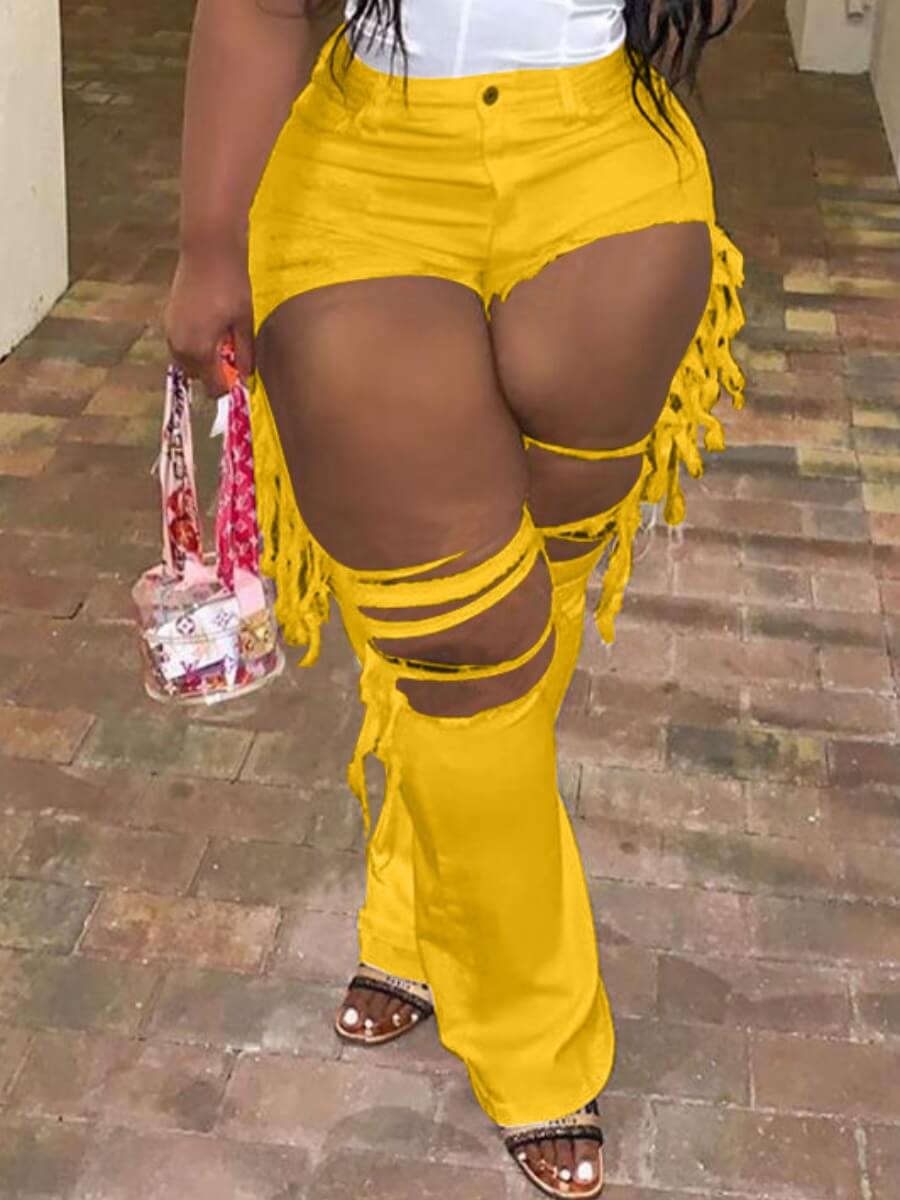 

Lovely Street Ripped Tassel Design Yellow Jeans