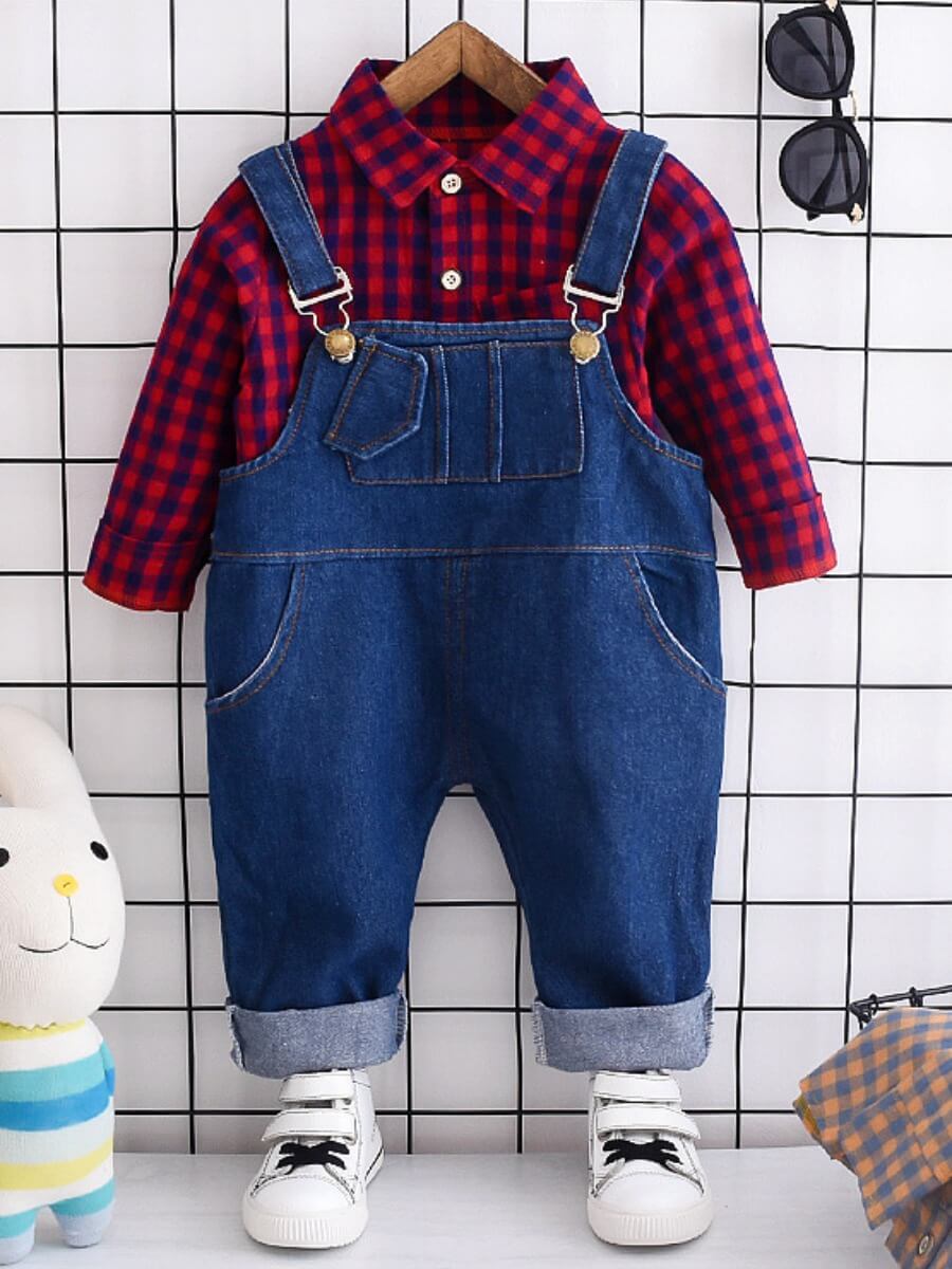 

Lovely Trendy Plaid Print Patchwork Suspender Red Boy Two Piece Pants Set