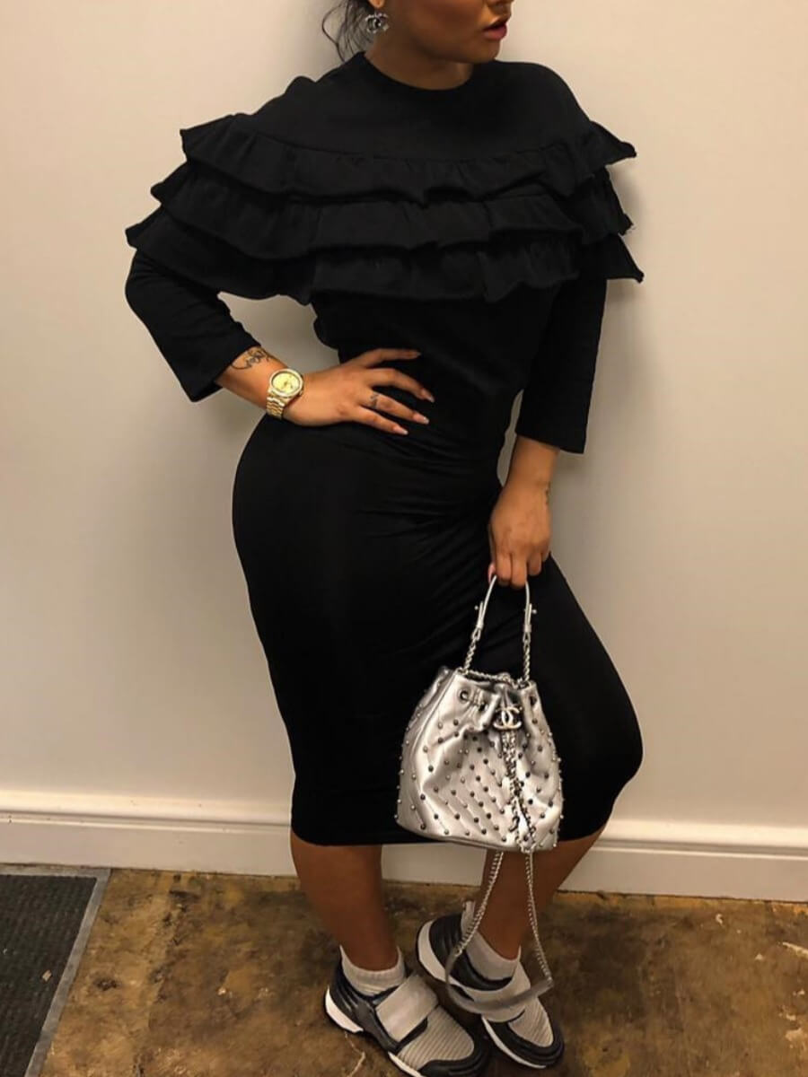 

Lovely Sweet O Neck Flounce Design Black Mid Calf Dress
