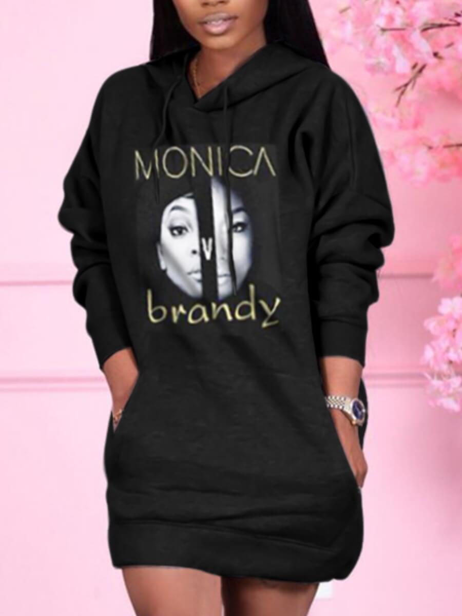 

Lovely Casual Hooded Collar Letter Print Drawstring Design Black Mini Dress