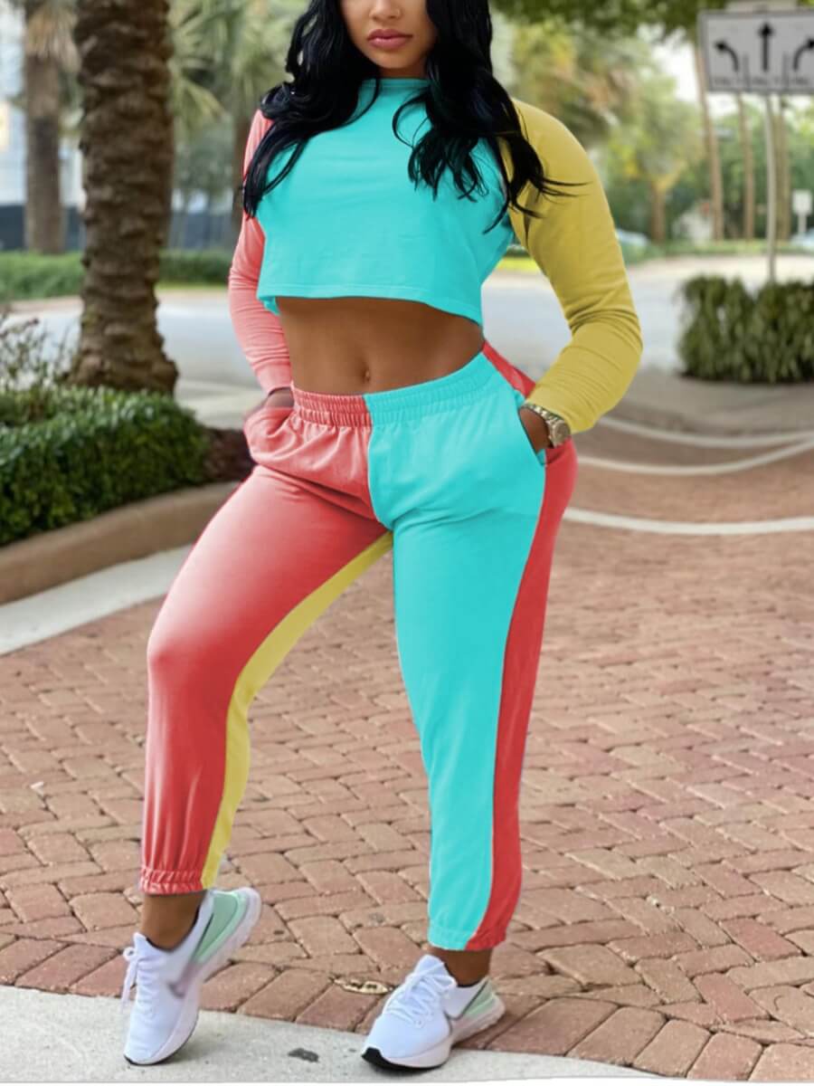 

Lovely Sportswear O Neck Color-lump Patchwork Red Two Piece Pants Set