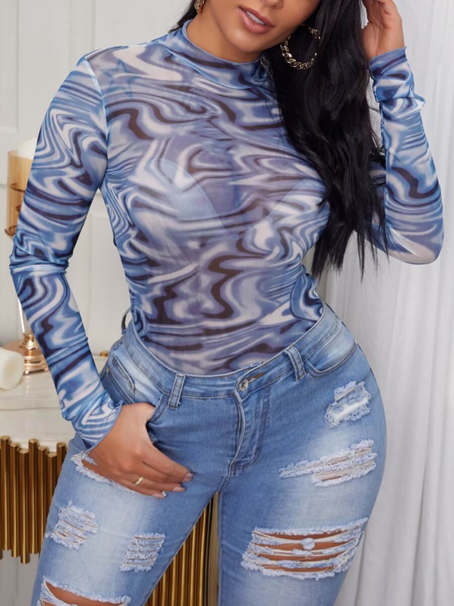 

Lovely Chic Tie-dye See-through Blue T-shirt