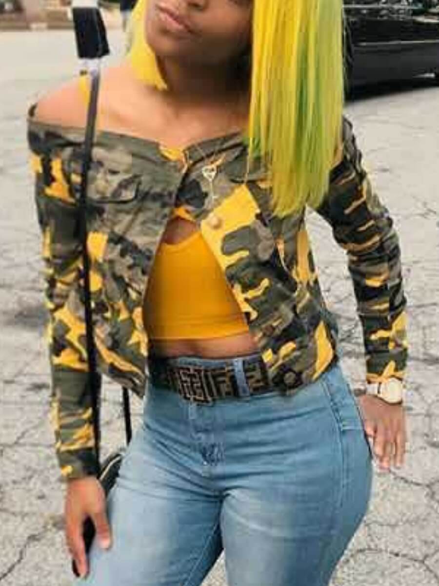 

Lovely Casual Off The Shoulder Camo Print Coat
