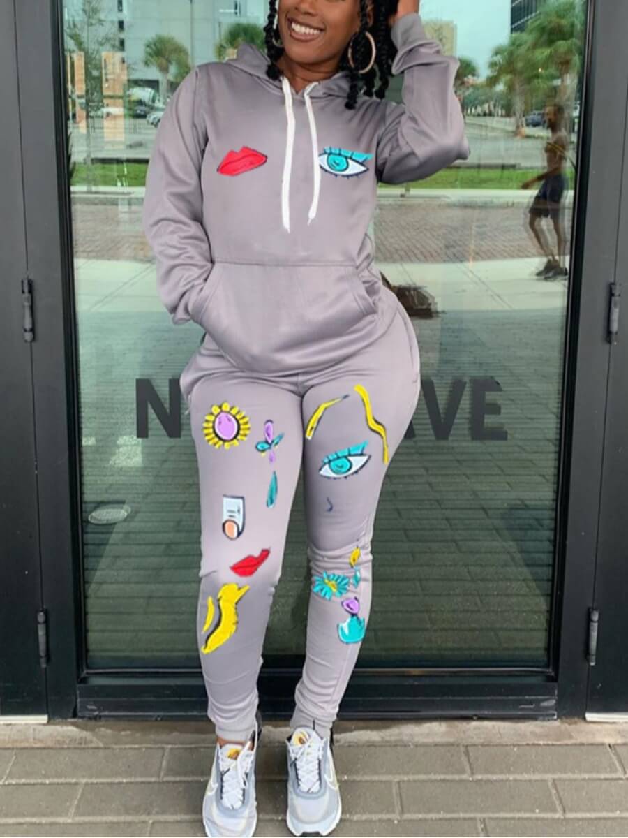 

Lovely Casual Hooded Collar Print Drawstring Design Silver Two Piece Pants Set