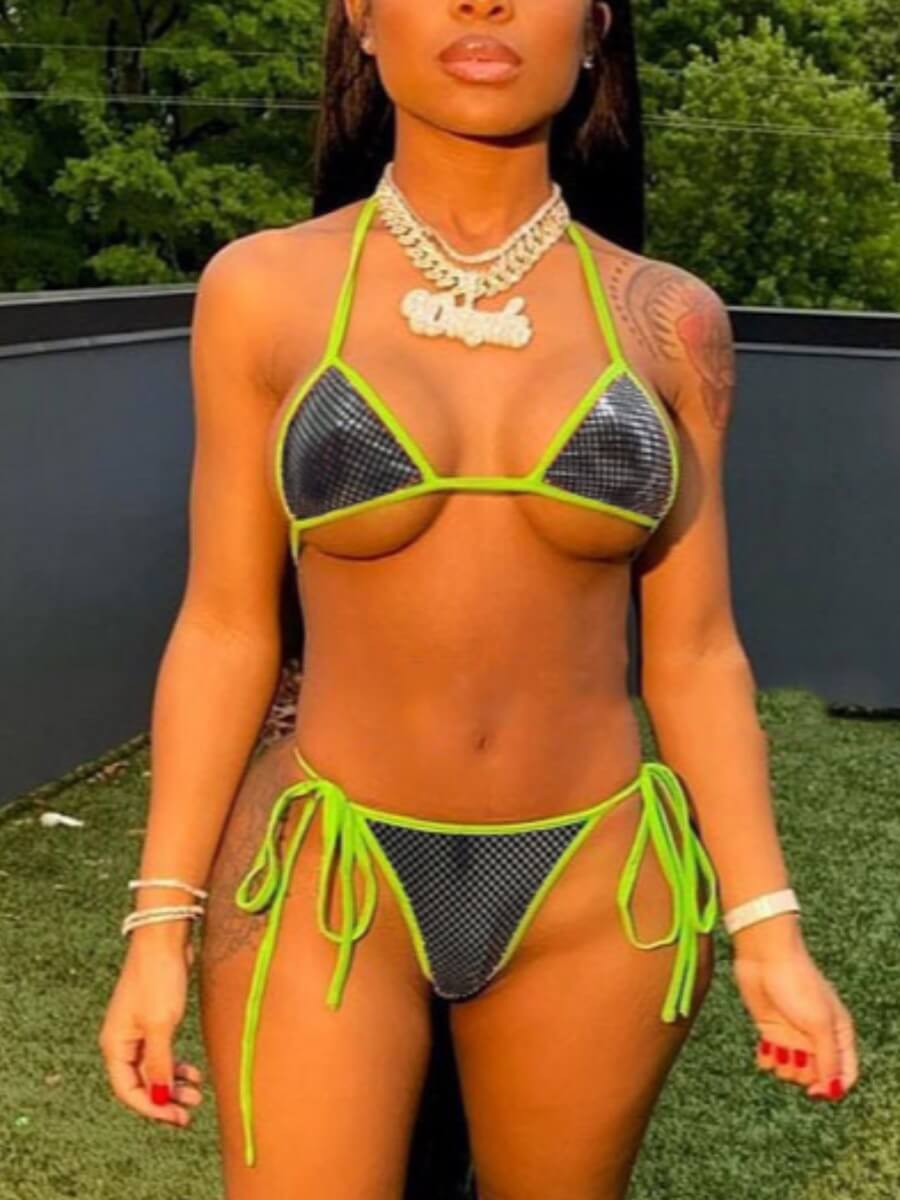 

Lovely Casual Lace-up Patchwork Green Two-piece Swimsuit