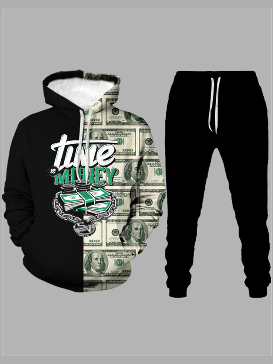 

LW Men Casual Hooded Collar Print Patchwork Drawstring Black Two Piece Pants Set