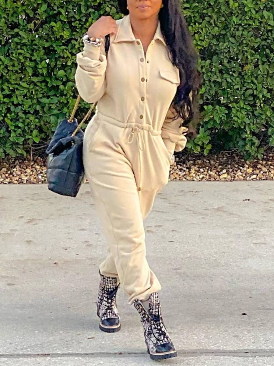 

Lovely Casual Dropped Shoulder Drawstring Apricot One-piece Jumpsuit