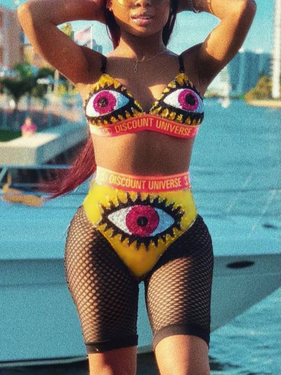 

Lovely Casual Eye Print Mesh Patchwork Yellow Tankini