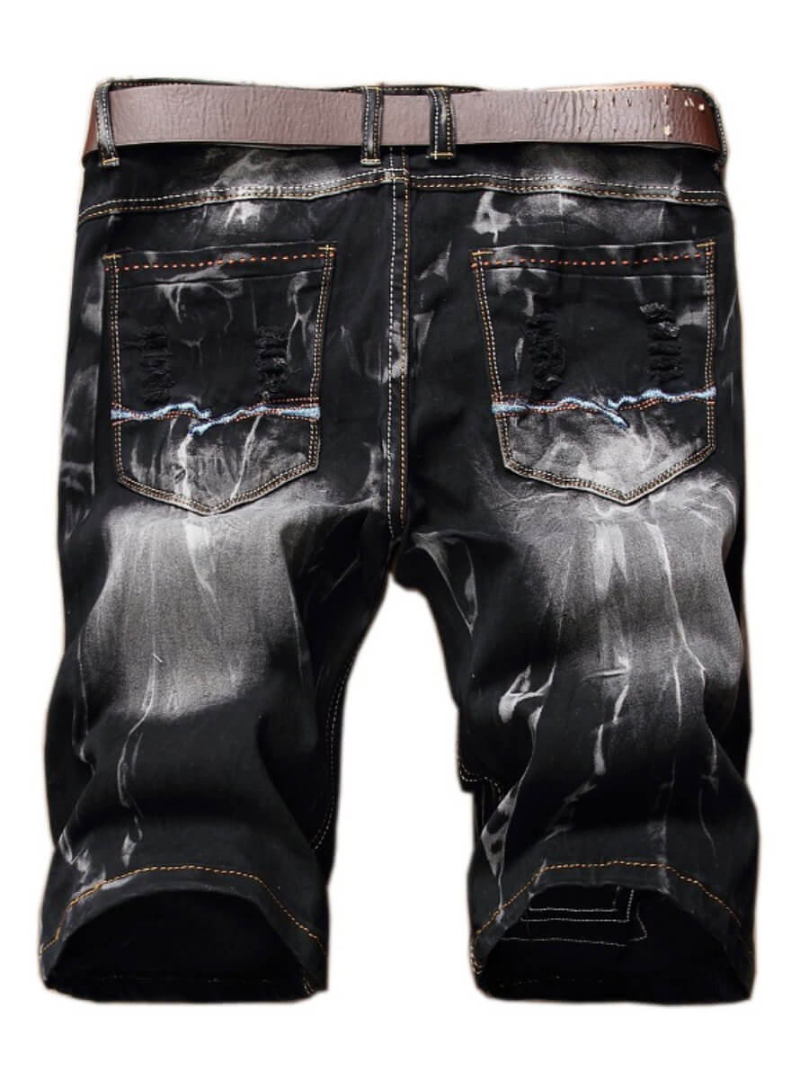 Lovely Men Trendy Tie-dye Broken Holes Black Denim Shorts