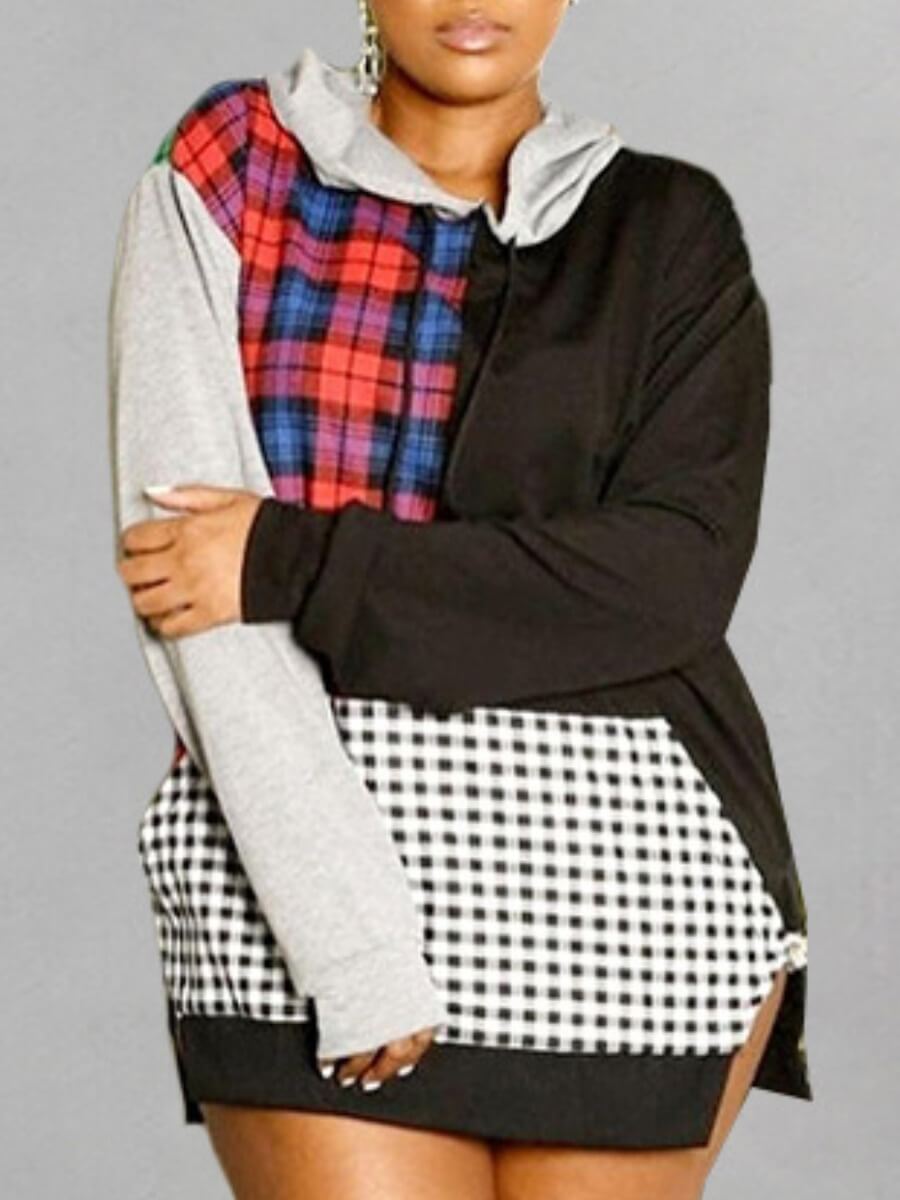 

Lovely Stylish Plaid Dot Print Patchwork Black Hoodie