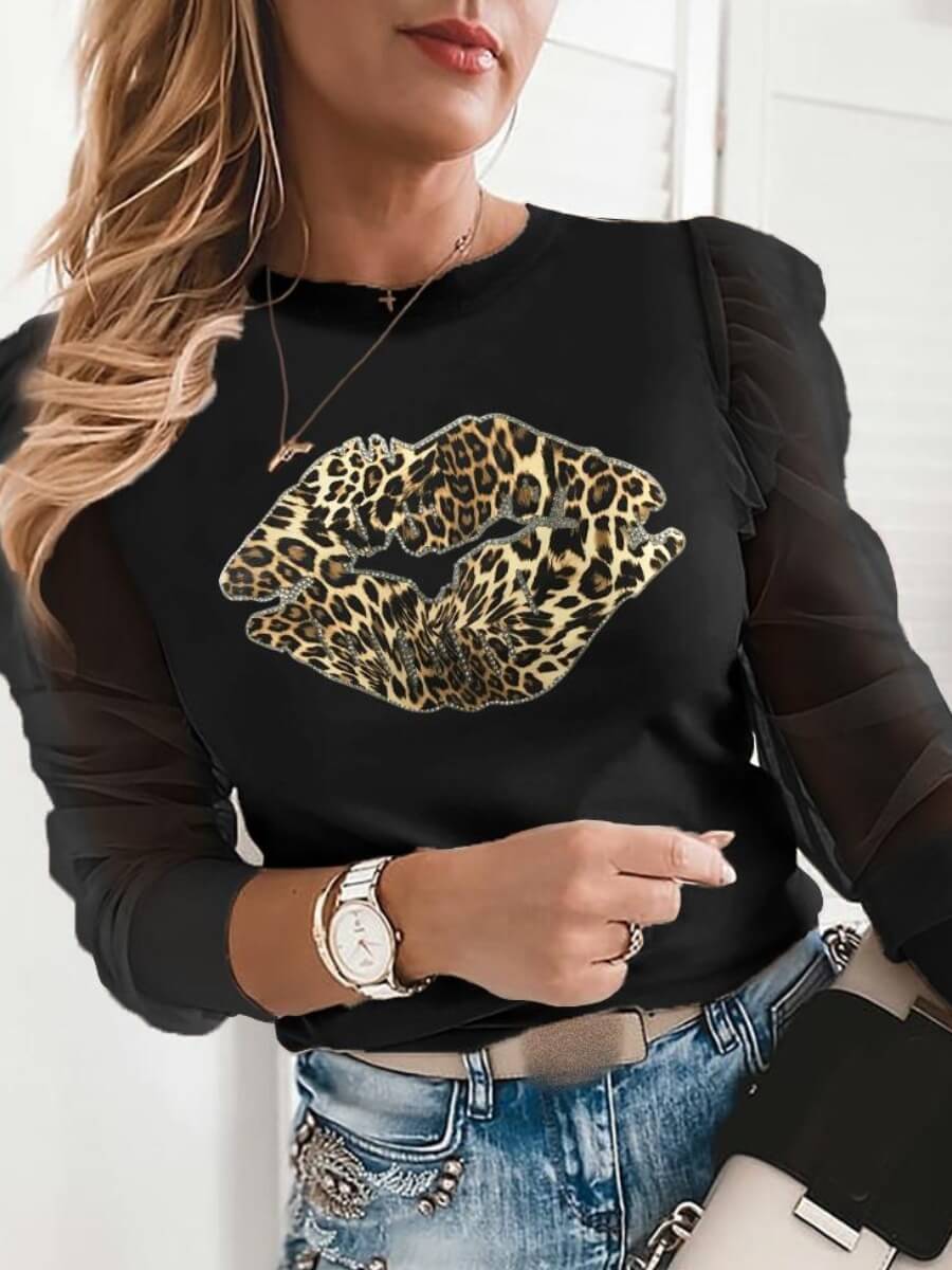 

Lovely Chic Leopard Print Mesh Ruffle Design Black T-shirt