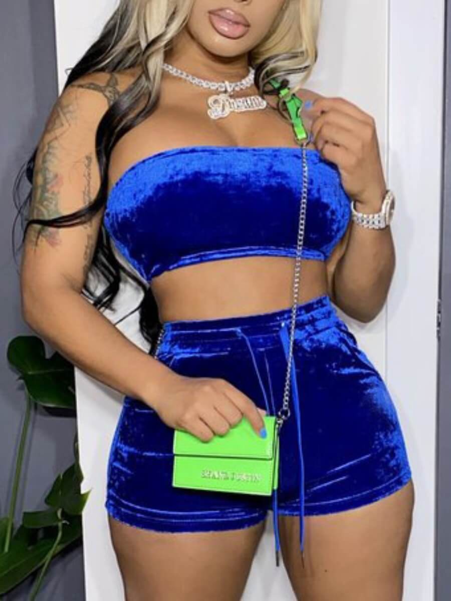 LovelyWholesale BASICS Casual Sleeveless Drawstring Design Blue Velvet Two Piece Shorts Set Summer Sleeveless Casual Basic Spring Summer 2024