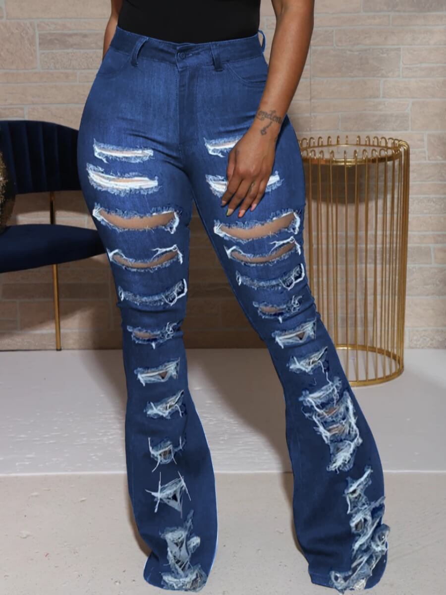 

Lovely Street High-waisted Broken Holes Blue Jeans