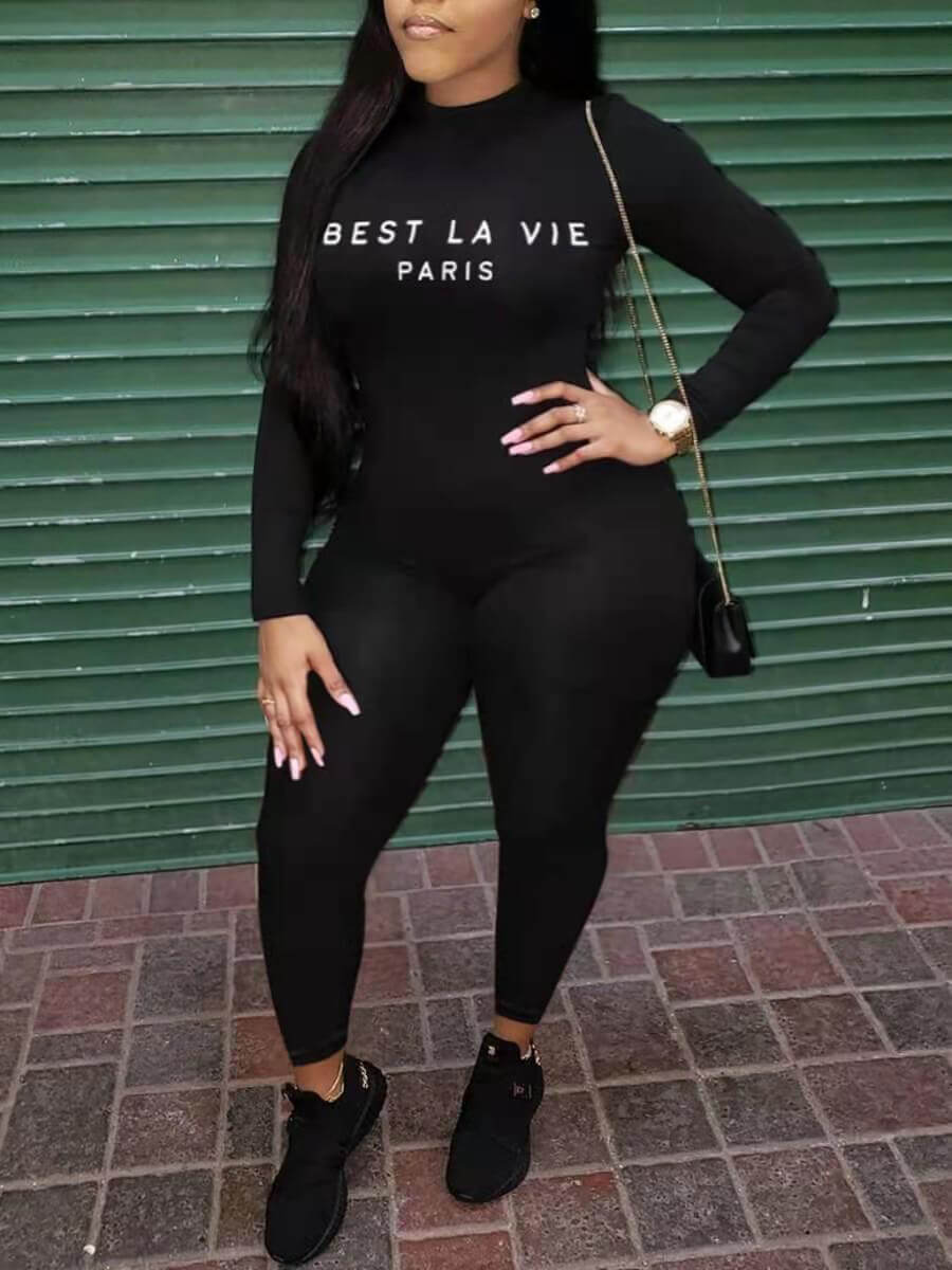 

Lovely Casual O Neck Letter Print Black Plus Size One-piece Jumpsuit