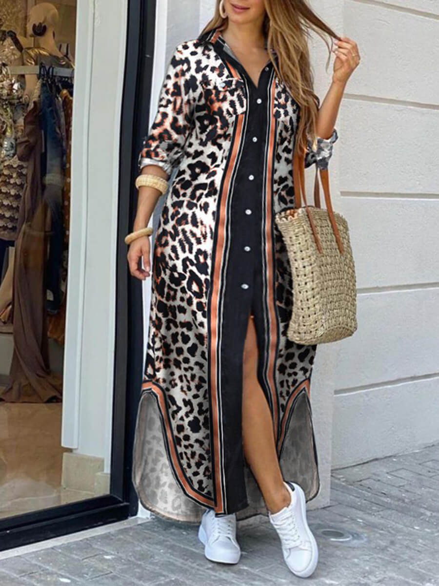 

Lovely Stylish Turndown Collar Leopard Print Patchwork Floor Length Plus Size Dress