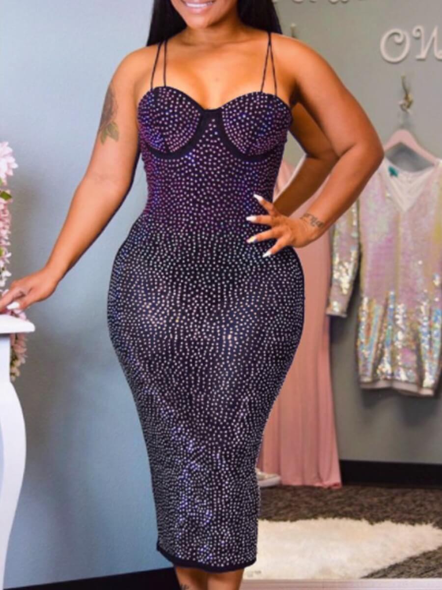 

Lovely Party Spaghetti Straps Sleeveless Hot Drilling Decorative Black Mid Calf Dress