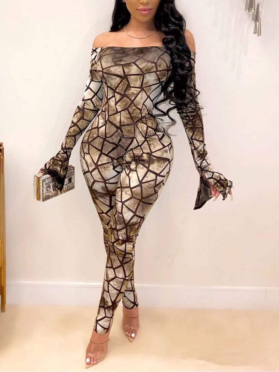 

Lovely Party Flare Sleeve Off The Shoulder Print Brown One-piece Jumpsuit