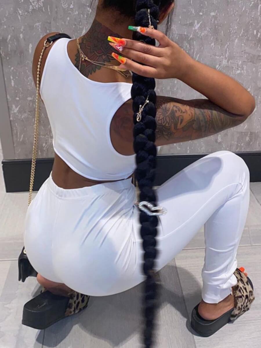 LW SXY  U Neck Lace-up Hollow-out White Two Piece Pants Set