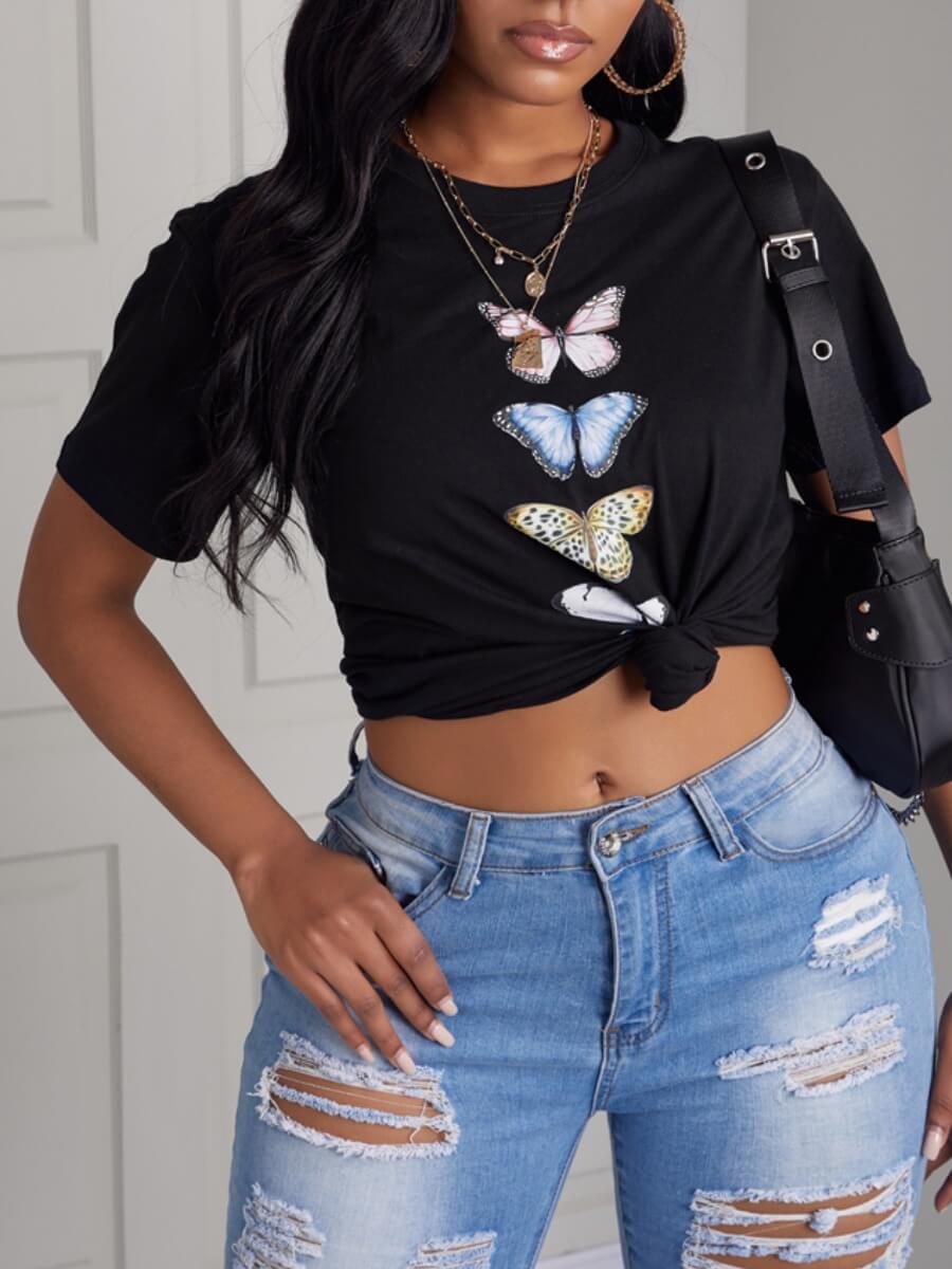 

Lovely Casual O Neck Butterfly Print Black T-shirt