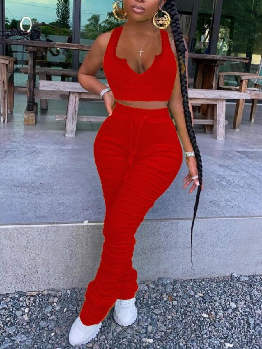 Lovely Casual V Neck Fold Design Red Two Piece Pants Set