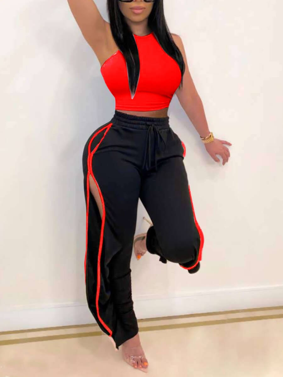 LW Sportswear O Neck Side Split Red Two Piece Pants Set