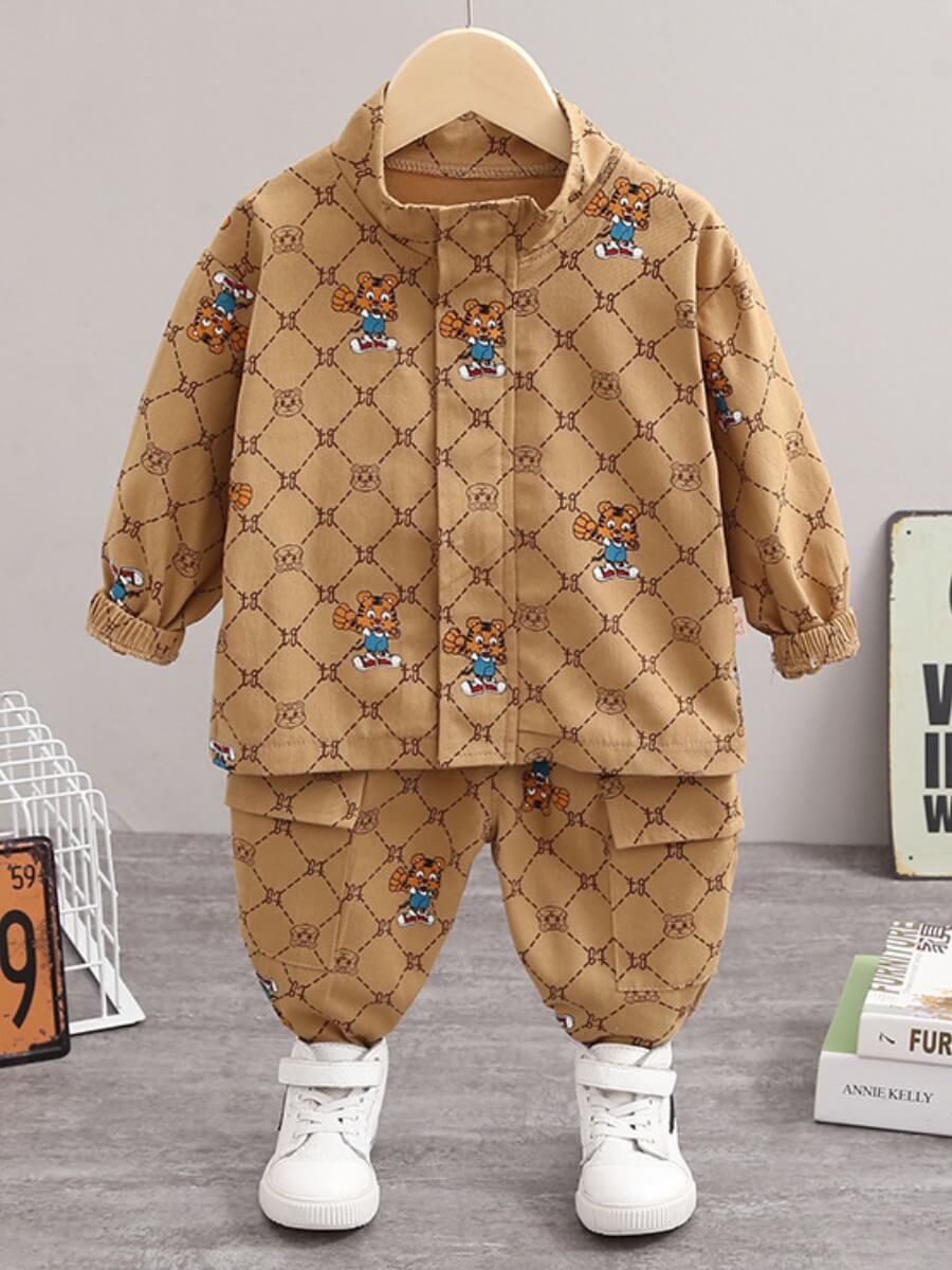

Lovely Casual Mandarin Collar Long Sleeve Plaid Print Brown Boy Two Piece Pants Set