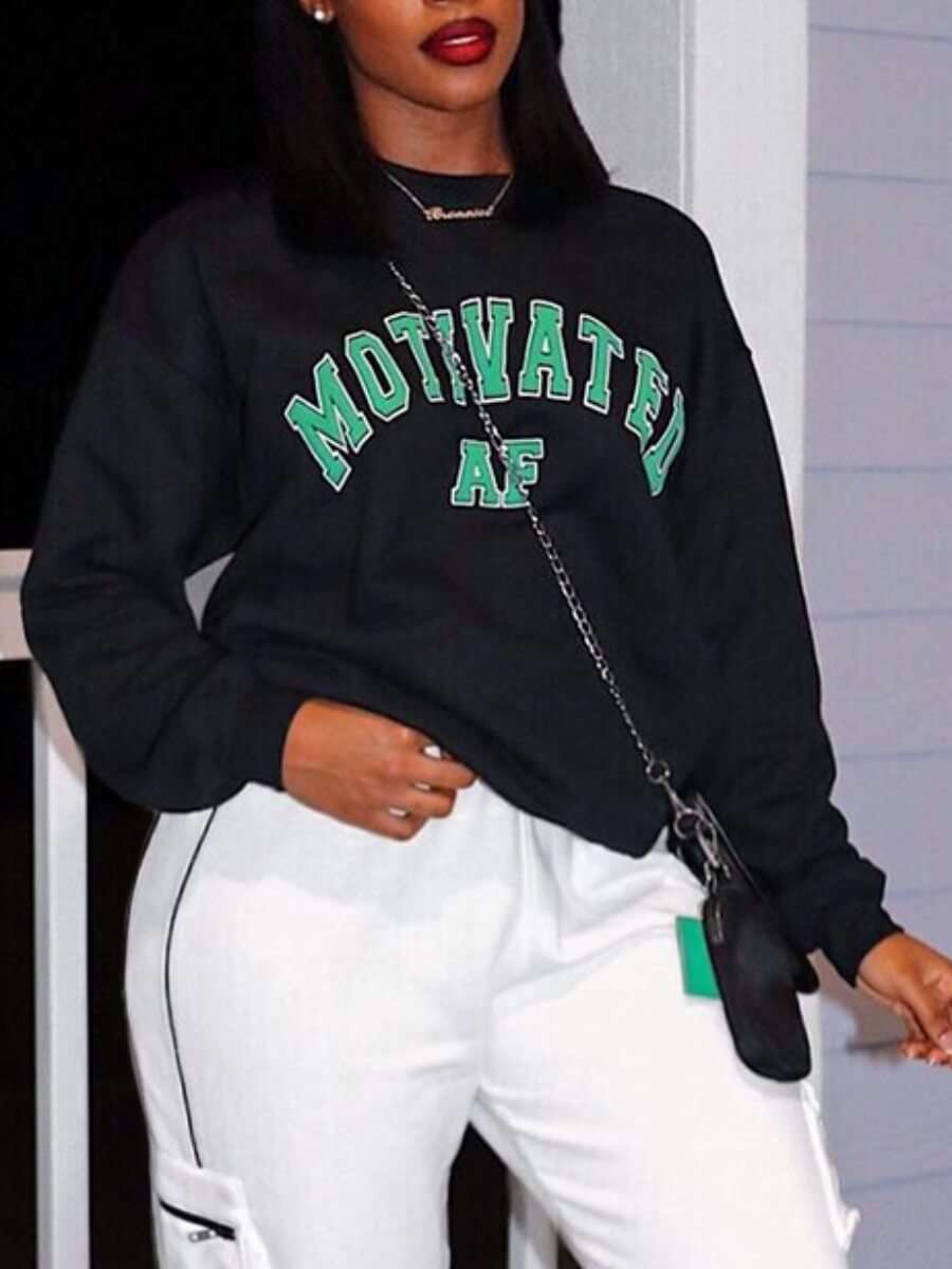 

Lovely Casual O Neck Letter Print Black Plus Size Hoodie