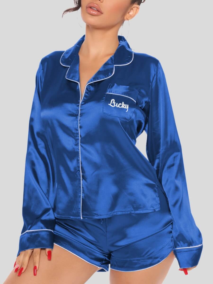 

Lovely Casual Turndown Collar Print Blue Sleepwear