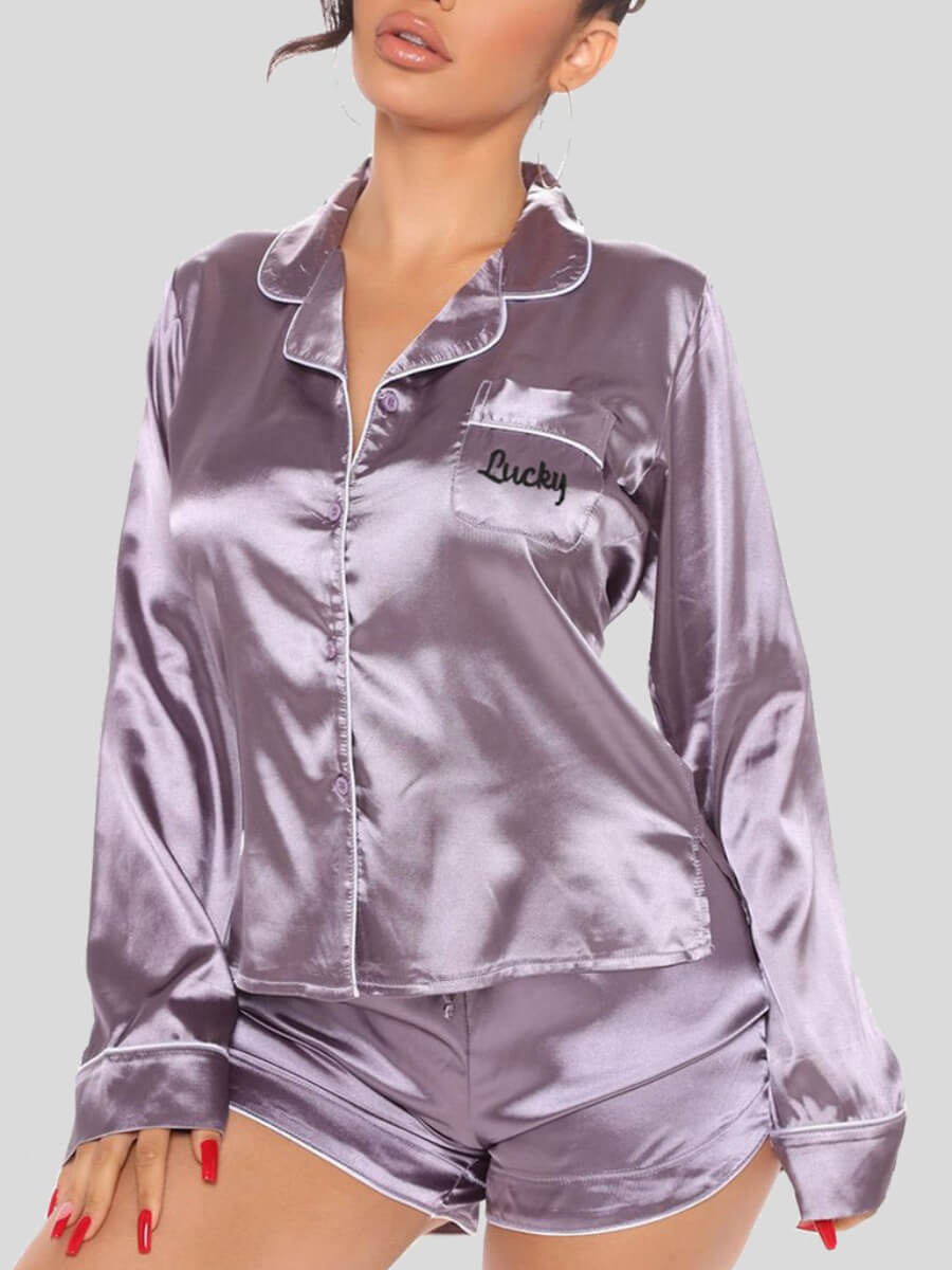 

Lovely Casual Turndown Collar Print Purple Sleepwear