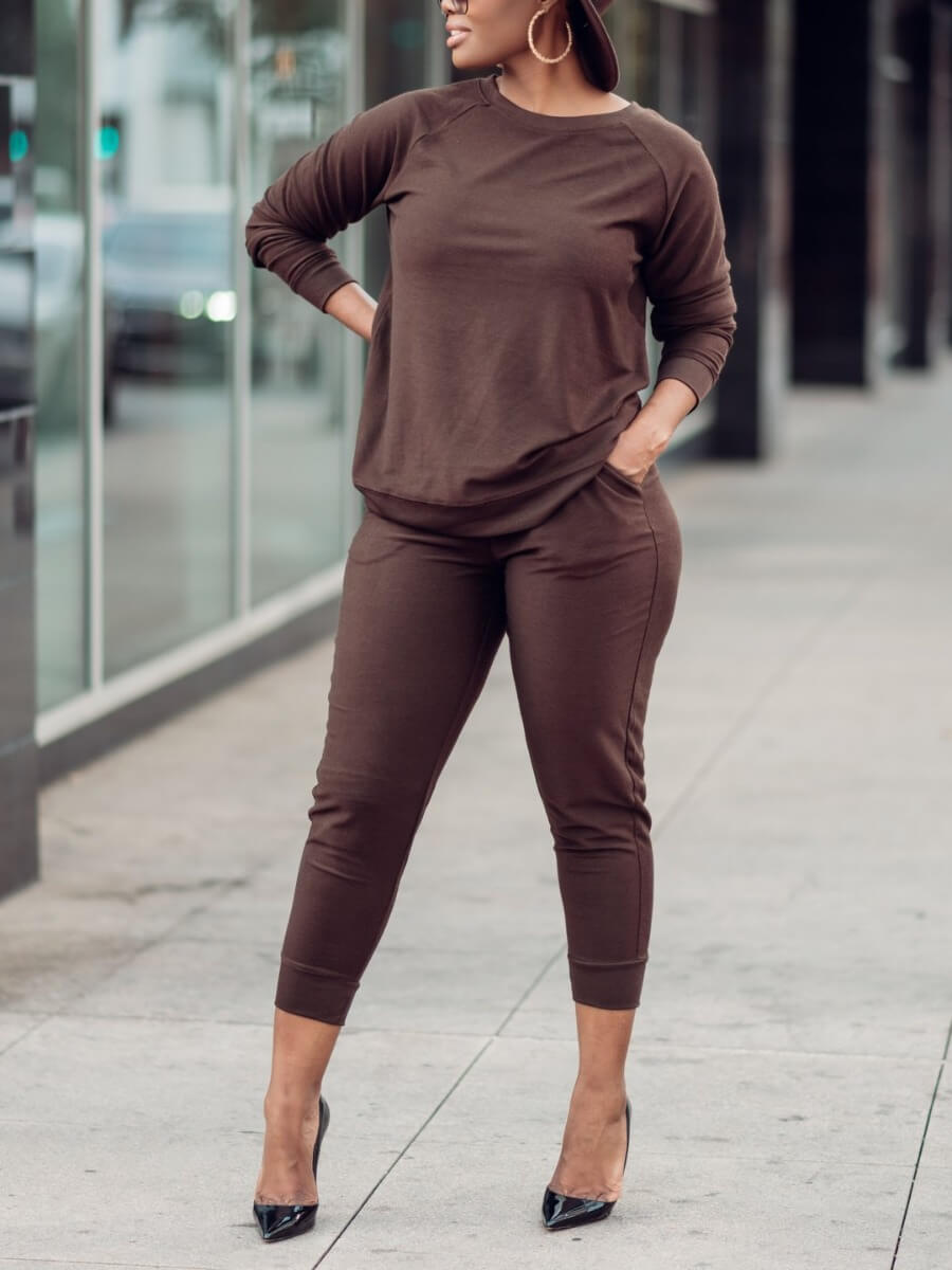 

Lovely Casual O Neck Long Sleeve Brown Two Piece Pants Set