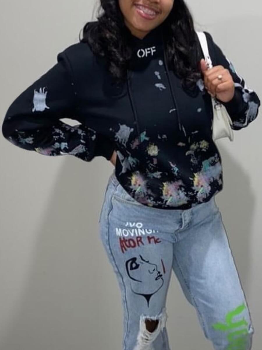 

Lovely Street Hooded Collar Graffiti Print Black Hoodie