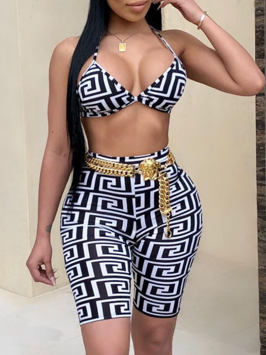 

Lovely Bohemian Geometric Print Black Two-piece Swimsuit