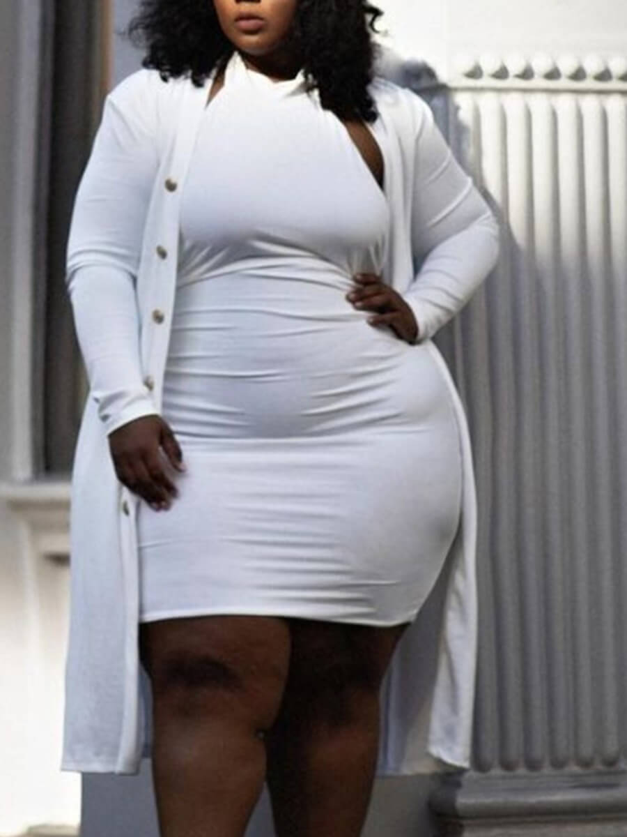 

Lovely Polyester Work Solid Regular sleeve Basic Regular Long Sleeve Conventional Collar Yes(Elastic) Solid Color Plus Size Two-piece Skirt Set, White