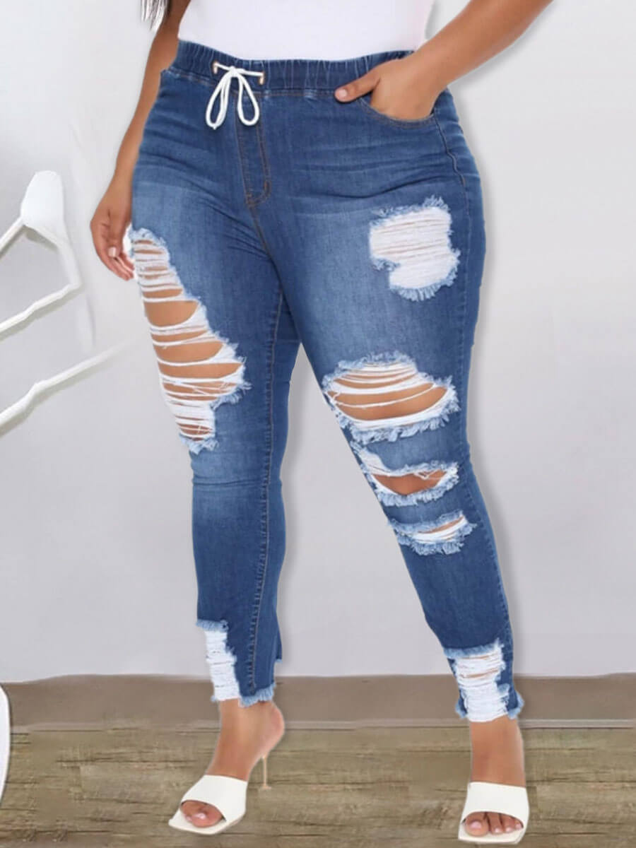 

Lovely Plus Size Casual High-waisted Broken Holes Blue Jeans
