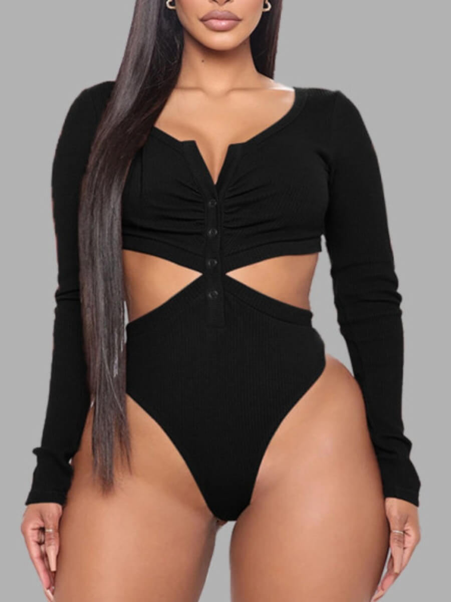 

Lovely Sexy Button Design Hollow-out Black Bodysuit