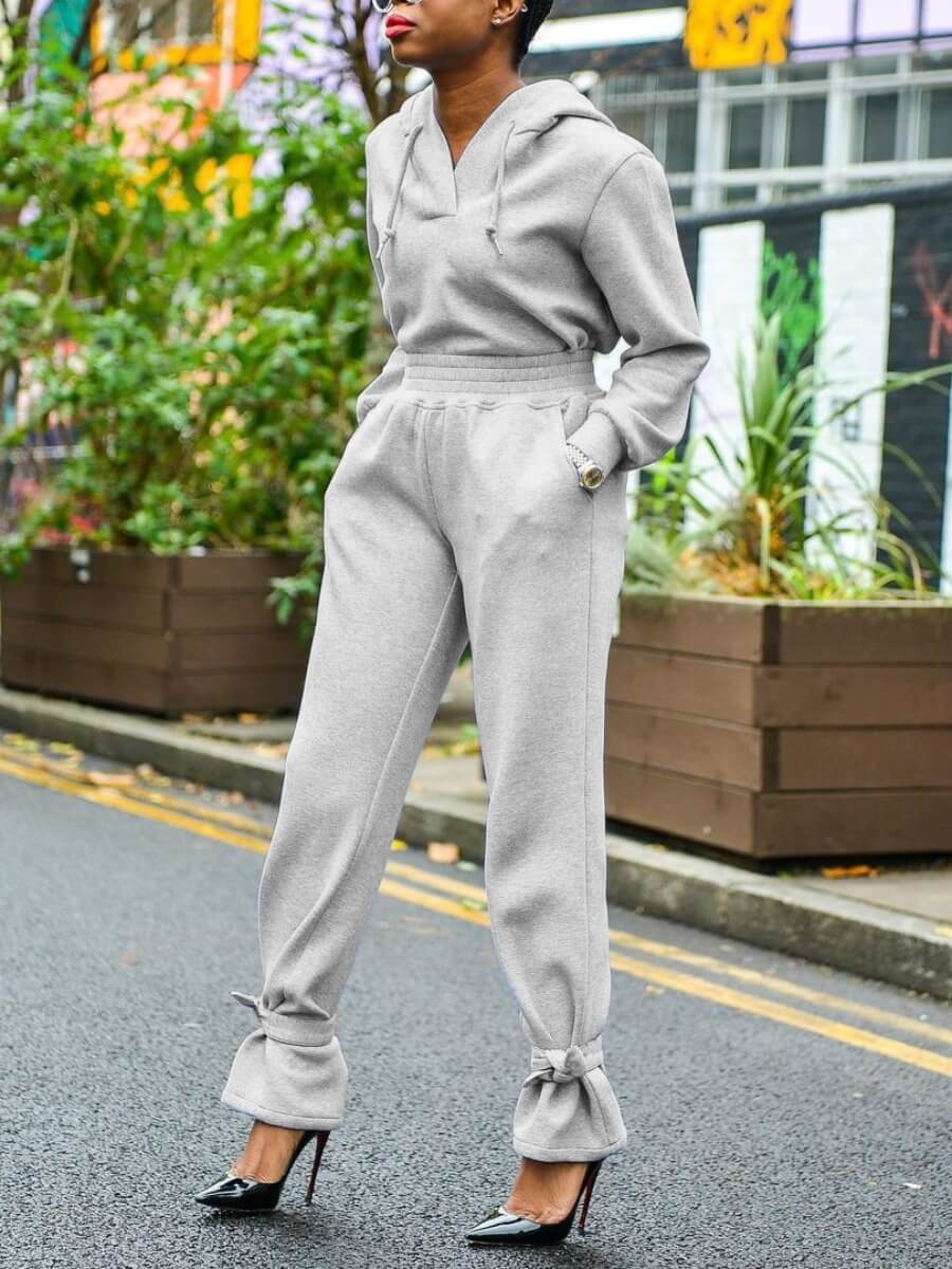 

Lovely Street Hooded Collar Bandage Design Grey Two Piece Pants Set