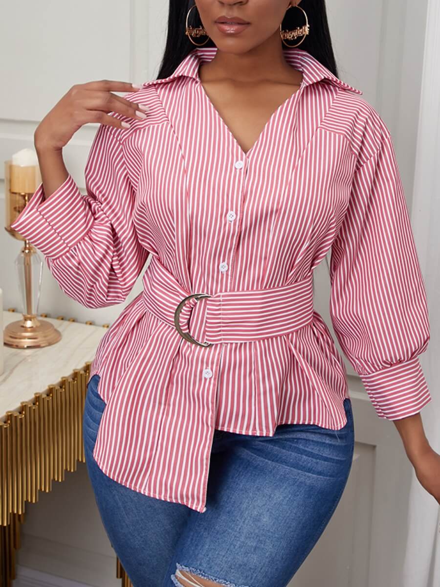 

Lovely Formal Striped Metal Ring Decoration Asymmetrical Red Blouse