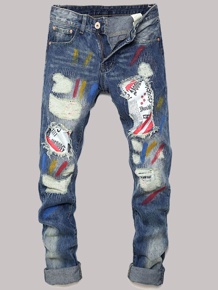 

Lovely Street Graffiti Letter Print Blue Men Jeans