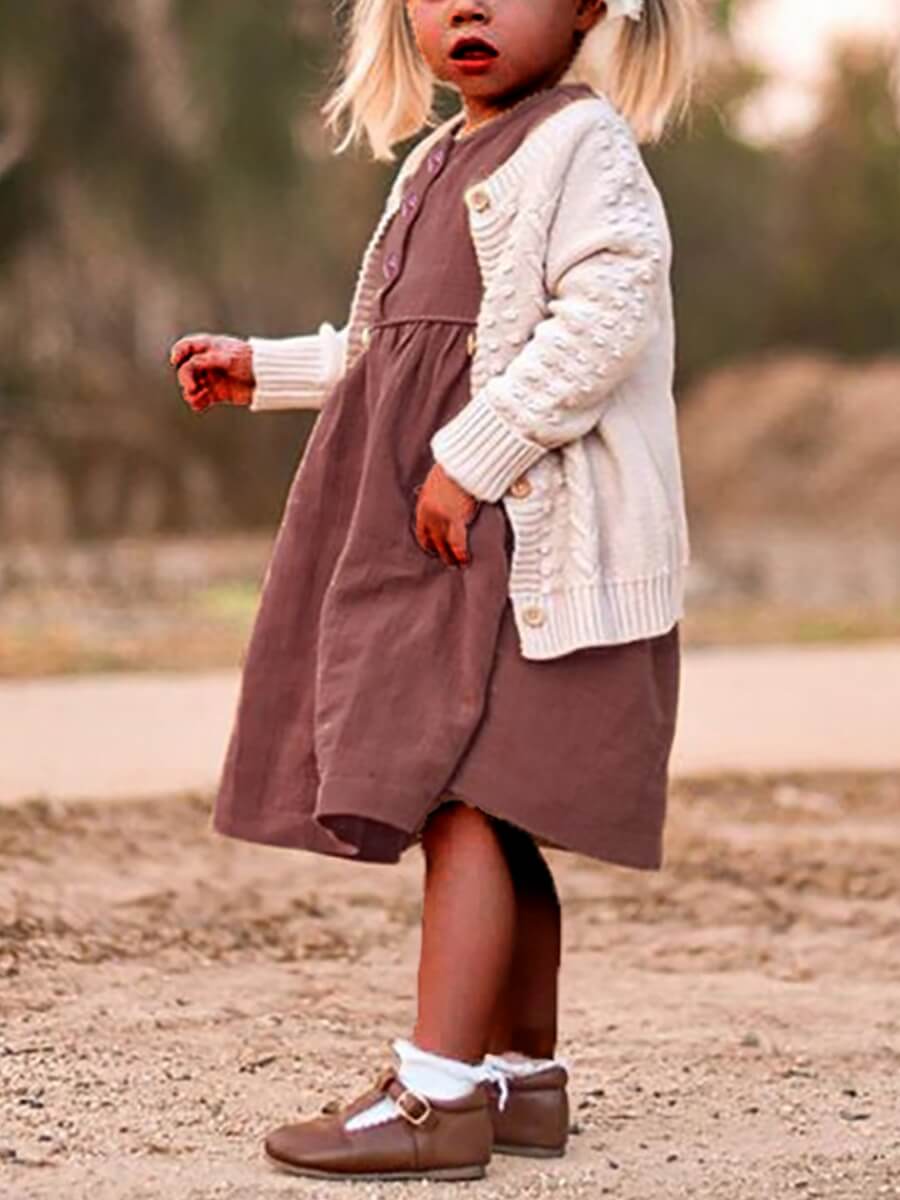 

Lovely Casual Button Ruffle Design Coffee Girl Knee Length Dress