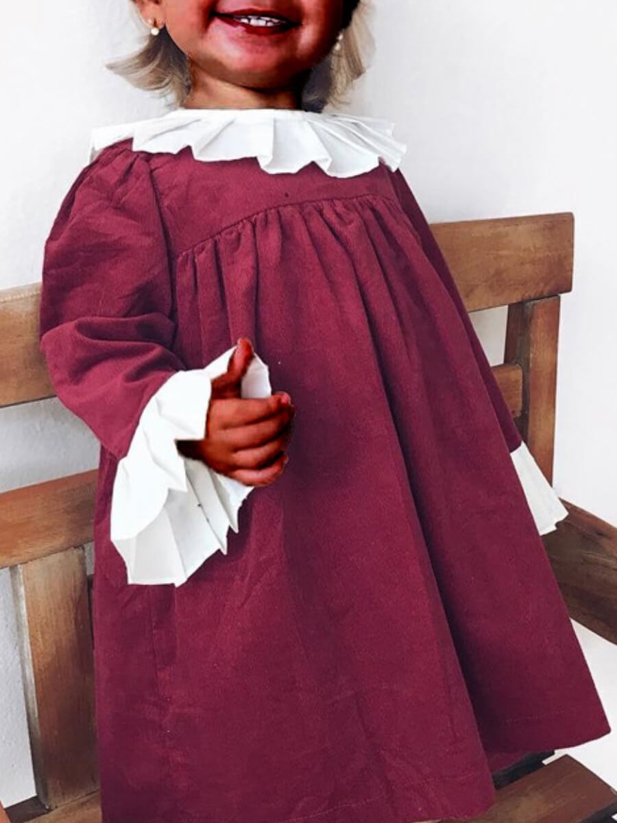 

Lovely Sweet Flared Flounce Design Flap Over Wine Red Girl Knee Length Dress