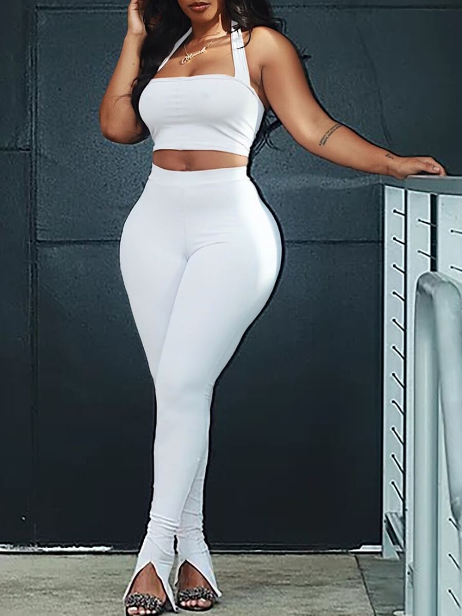 LW SXY Off The Shoulder High-waisted Front Slit White Two Piece Pants Set