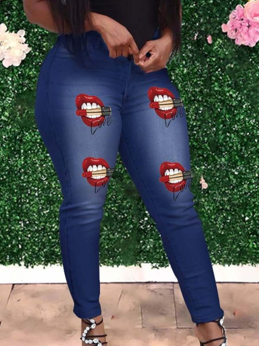 

Lovely Chic High-waisted Lip Print Deep Blue Plus Size Jeans