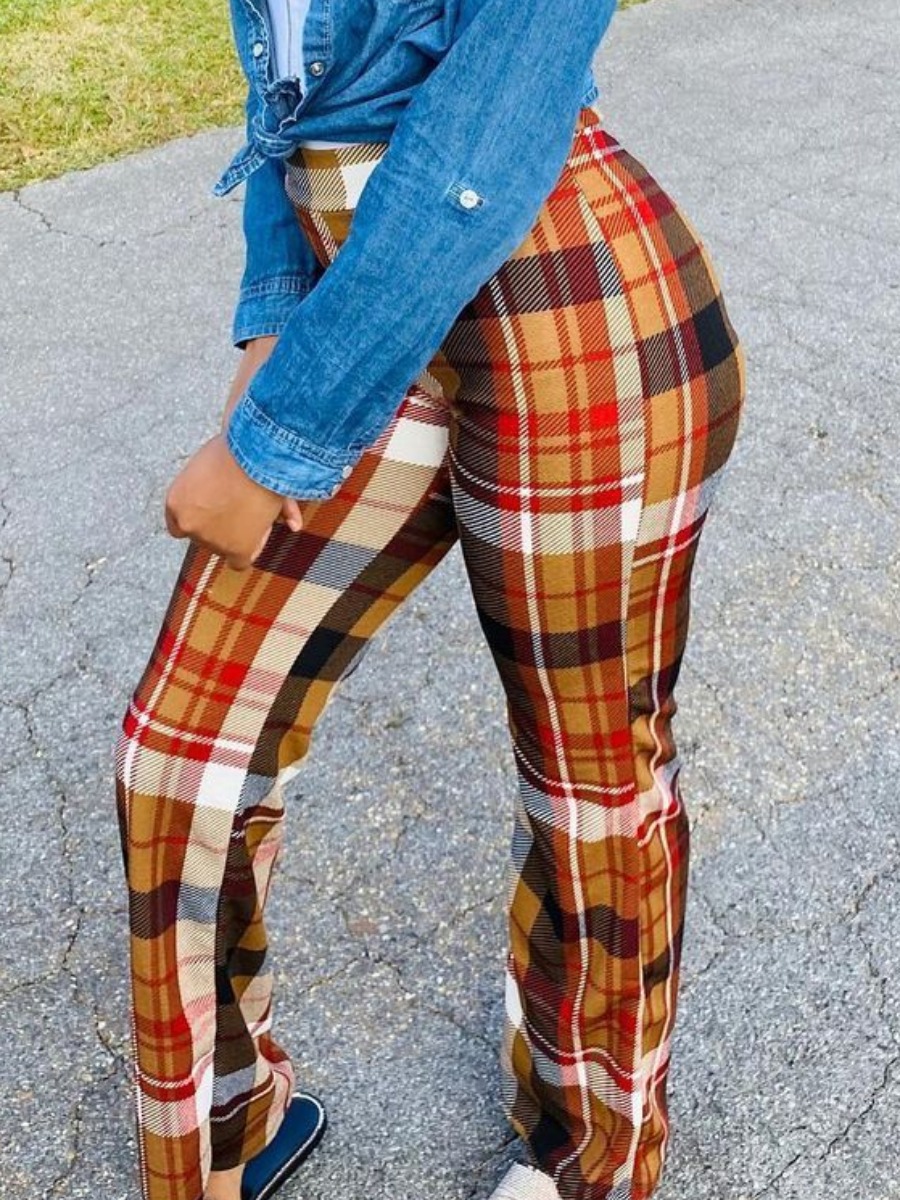 

Lovely Trendy High-waisted Plaid Print Yellow Pants
