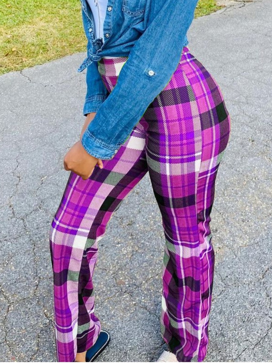 Lovely Trendy High-waisted Plaid Print Purple Pants
